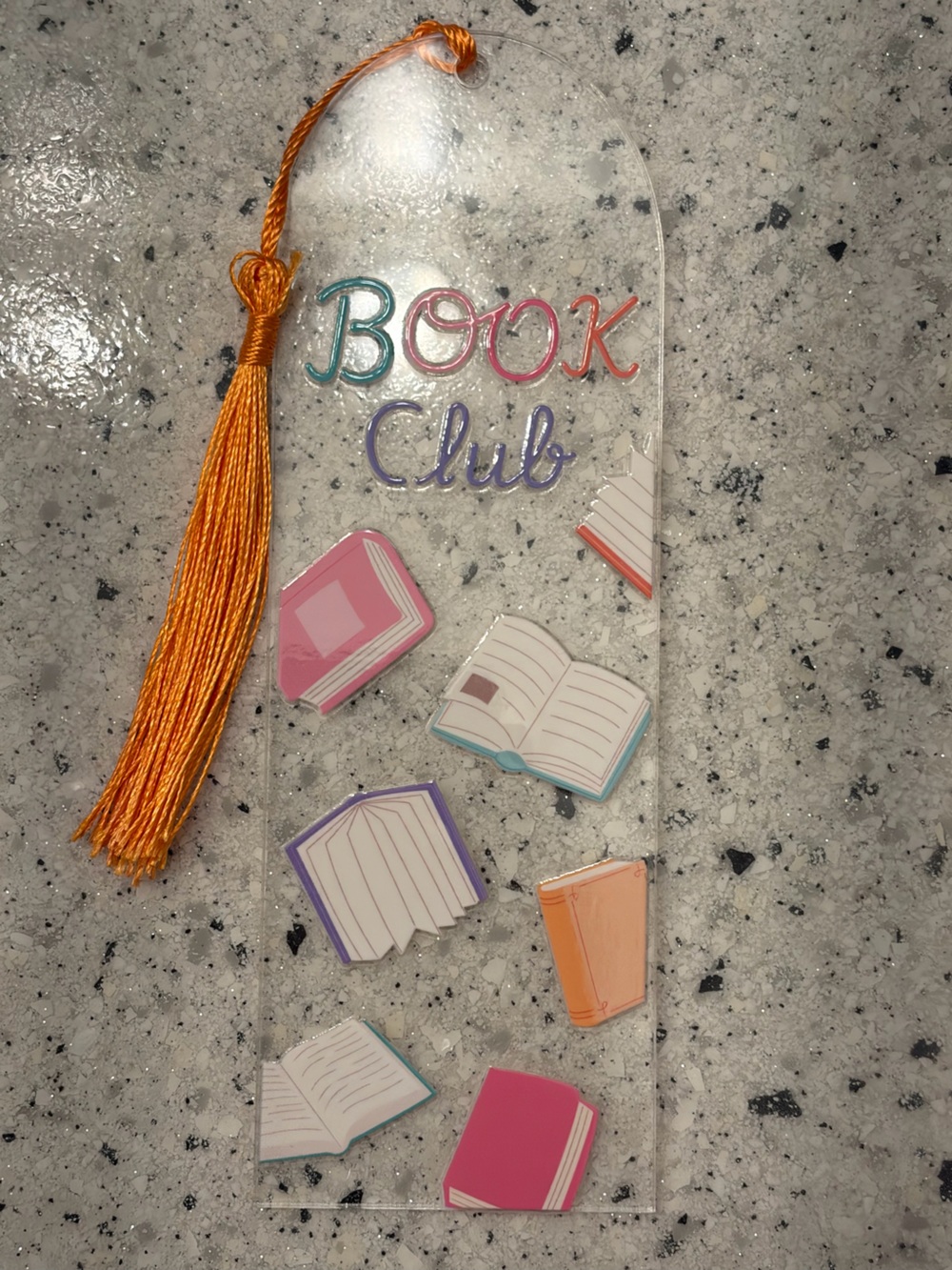 Clear Acrylic 'Book Club' Bookmark with Orange Tassel